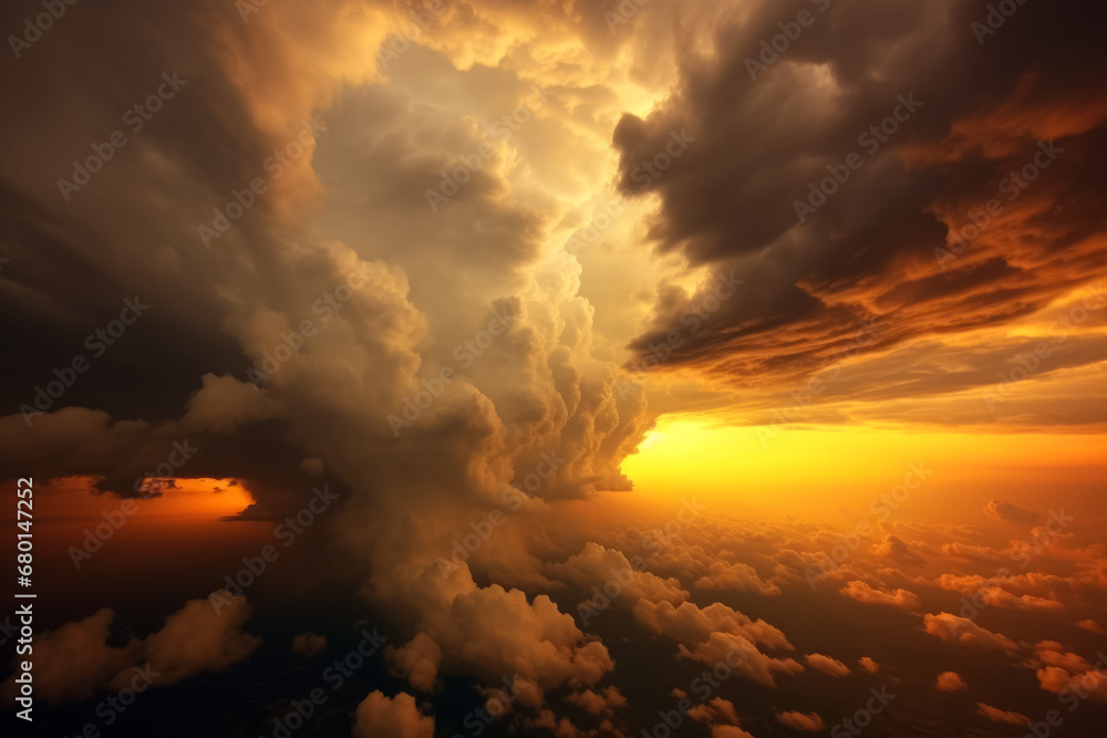 Beautiful sunset with clouds, view from the plane.