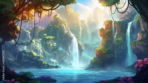 Mist rises from water pools surrounded by dense forest foliage. Magical landscapes.