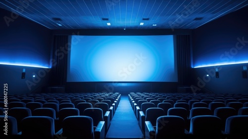 Empty of cinema in blue color with white blank screen. Mockup of hall, no people and auditorium, Generative Ai photo