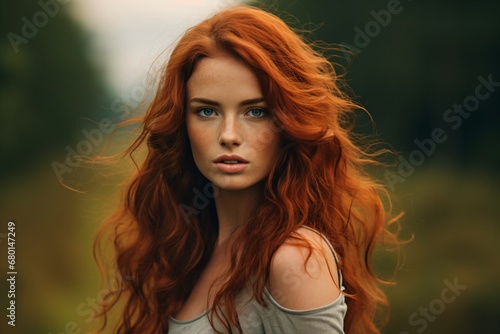 Outdoor portrait of a beautiful redhead woman