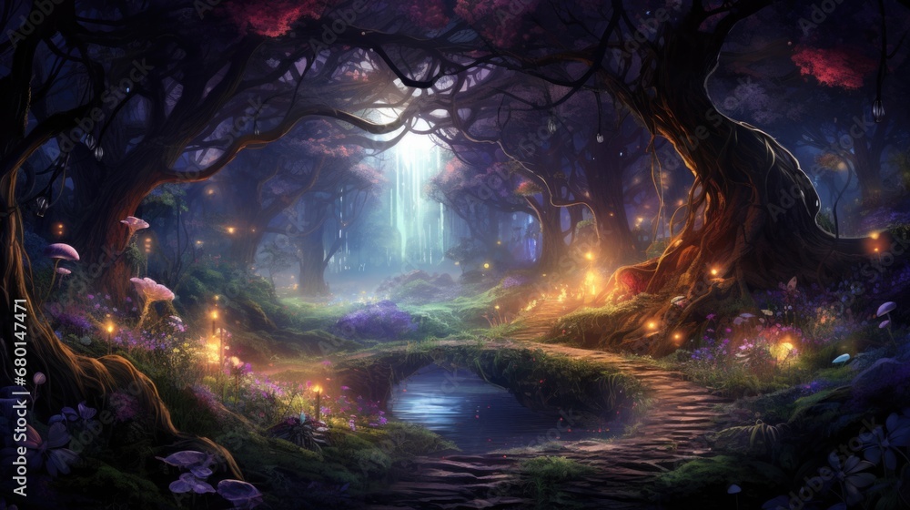 Twilight in mythical woods with glowing flora and a quaint stone bridge over calm stream. Twilight in mythical woods with glowing flora and a quaint stone bridge over calm stream.