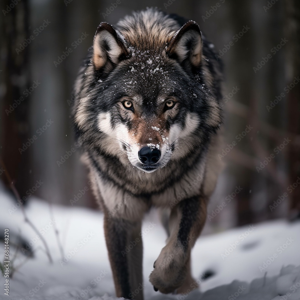 A dominant alpha wolf, showcasing its powerful rule and unstoppable dignity created with Generative Ai A dominant alpha wolf, showcasing its powerful rule and unstoppable dignity created with Generative Ai