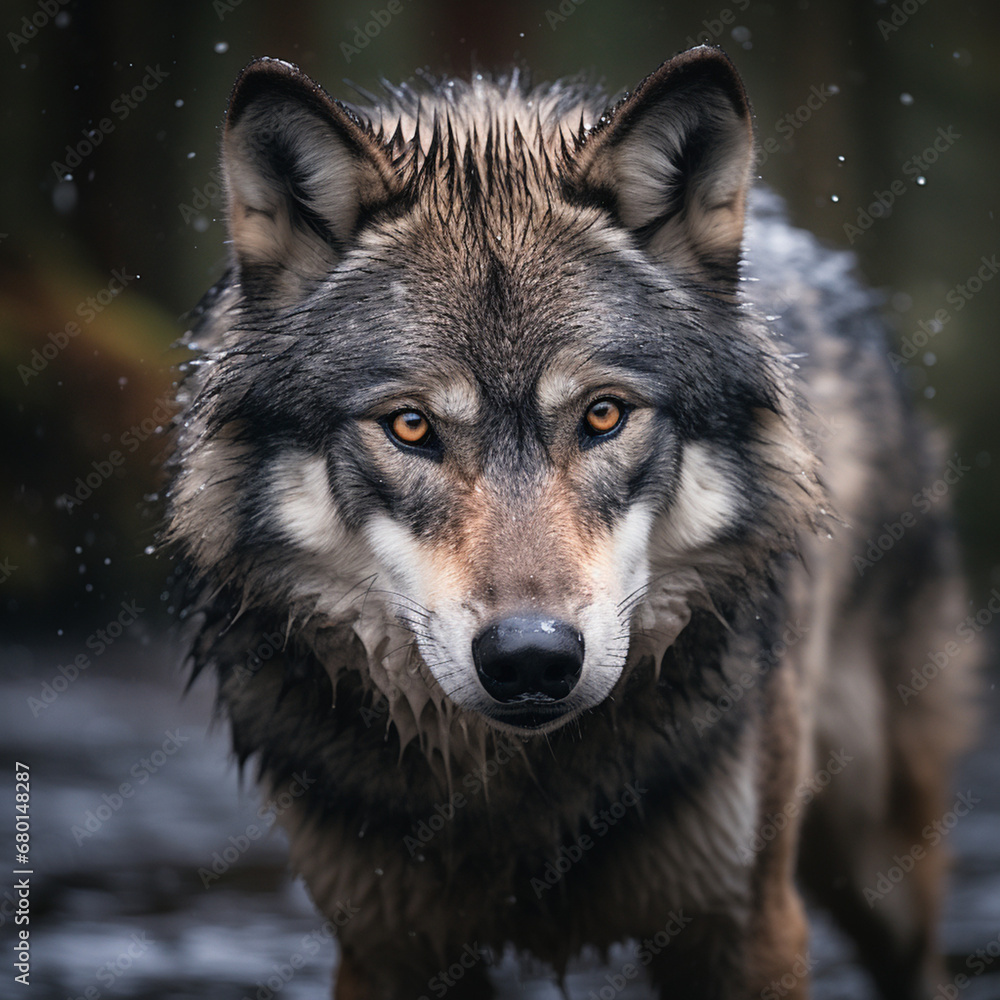 Fototapeta premium A dominant alpha wolf, showcasing its powerful rule and unstoppable dignity created with Generative Ai