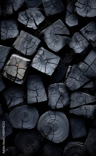  black woods and charcoal are shown on a dark background, in the style of piles/stacks, cracked, focus on materials, warmcore