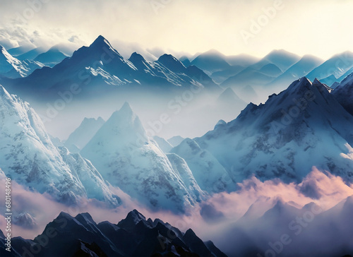 Mountain landscape with clouds and fog. Generative AI