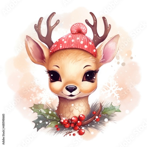 Seasonal merriment, young deer dressed in Christmas attire among pine branches, perfect for joyful holiday-themed artwork, Winter celebration.
