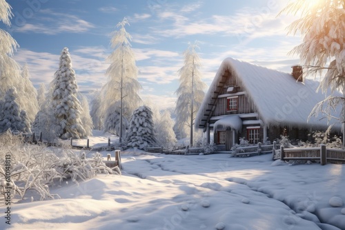 Winter wonderland, cozy snow-covered cabin, tranquil frosted trees, serene snowy landscape, idyllic countryside retreat, digital illustration © Postproduction