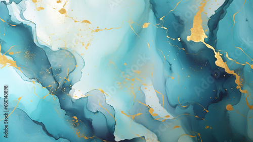 Watercolor alcohol ink with dominant blue shades and accent gold colors in an abstract pattern. photo
