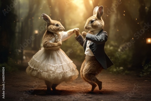 Costumed rabbits holding hands in a dance in mystical woods. Magical creatures and forest festivity. photo
