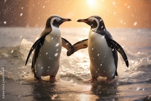 Environmental awareness, penguins at waterfront witness sunrise among receding icebergs