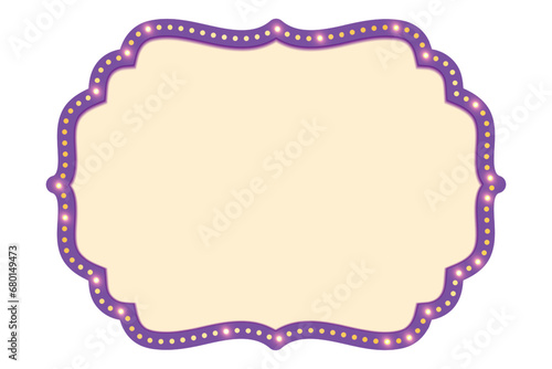 Antique shape marquee vintage 3d lightbox with glowing bulb. Purple color retro frame design vector illustration.