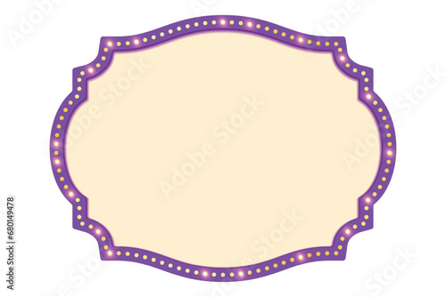 Antique shape marquee vintage 3d lightbox with glowing bulb. Purple color retro frame design vector illustration.