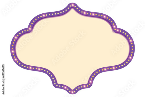 Antique shape marquee vintage 3d lightbox with glowing bulb. Purple color retro frame design vector illustration.