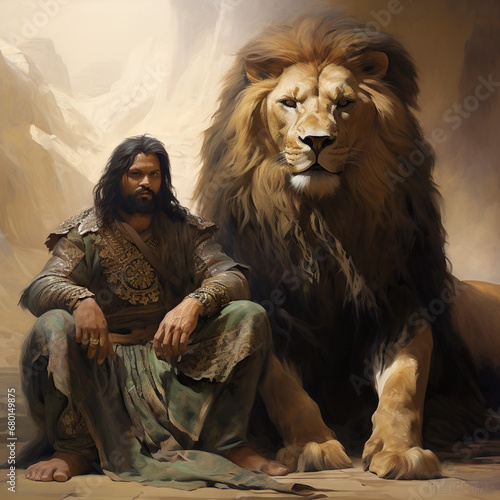  an Abbasid warrior sitting next to his giant pet lion