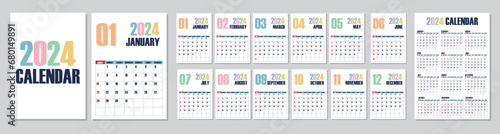 2024 Calendar. Minimal Pastel Colors Pink Blue Yellow Green. 12 months annual planner 2024. White Modern Minimalist Calendar Template Vector Illustration
