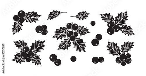 Christmas holly berry vector icon, mistletoe and leaf, black and white ilex branch, xmas plant. Cartoon holiday illustration