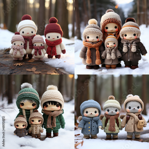 Diversidade de Inverno: Famílias de Bonecos de Neve Amigurumi Representando Várias Etnias photo