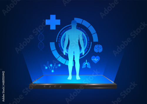 Healthcare technology The smartphone screen has a hologram of a person along with their organs. telemedicine via mobile phone This allows doctors to know the symptoms and patients receive treatment.