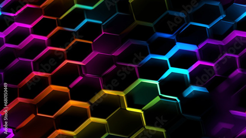 A colorful glowing honeycomb pattern grunge style on a black background. Colorful hexagon shapes.