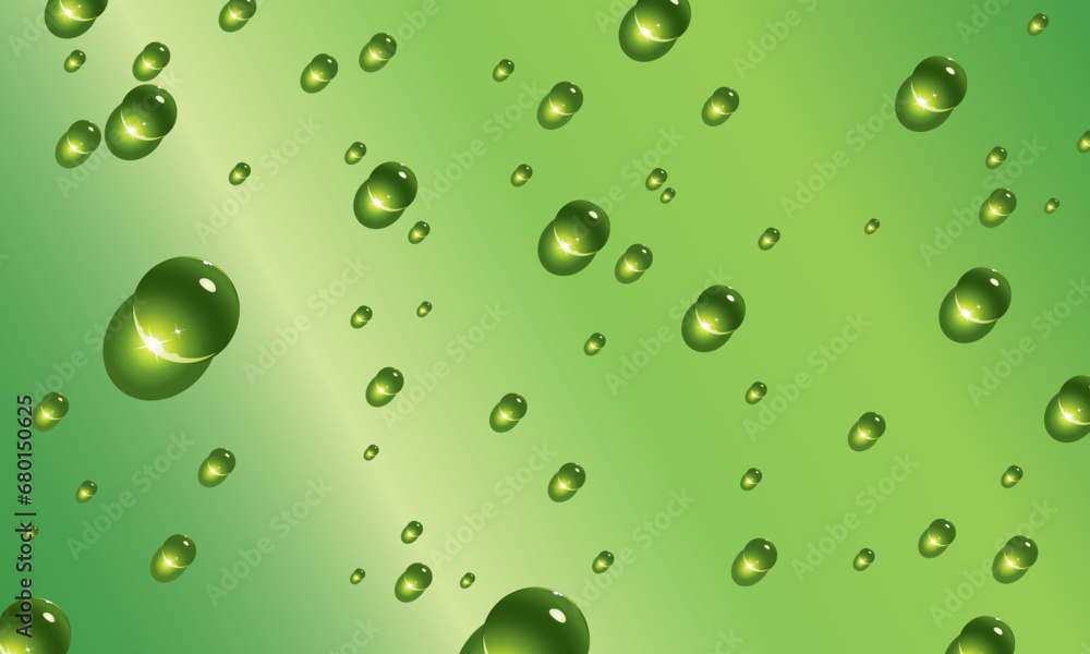 Green Background With Water Drops, Vector Illustration.