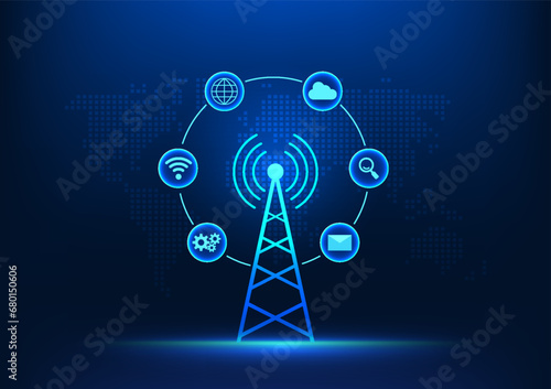 Telecommunications technology Transmission tower in front of world map with technology icons It represents the development of advanced communications networks to distribute signals around the world.
