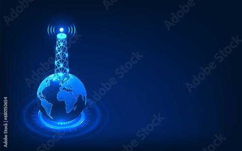 Telecommunication technology, Signal tower set on the globe with technology circles It represents the development of advanced communications networks to distribute signals throughout the world.