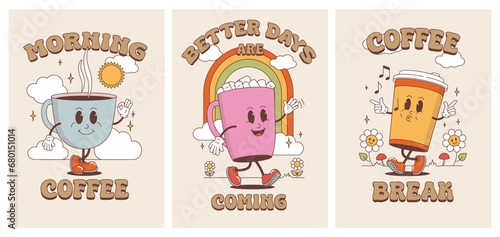 Retro coffee logo. Cup character with happy face. Vintage poster for breakfast. Cute mug mascot. Cartoon stickers. Hot caffeine drink glass. Clouds or rainbow. Vector posters design set
