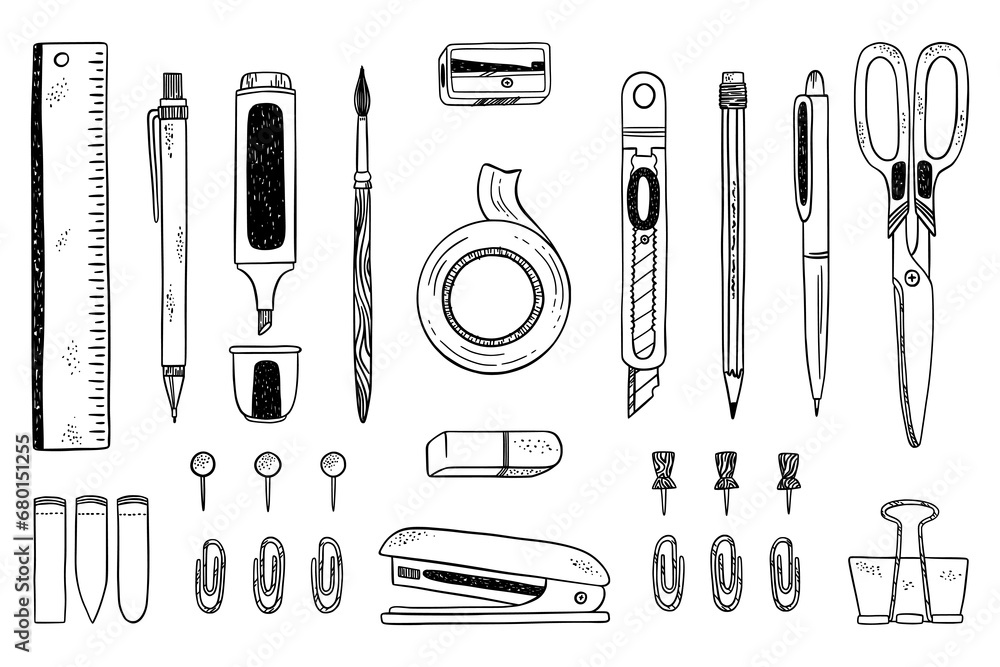 Doodle pencils. Hand drawn pen and pencil, sketch style school and office stationery tools, art brush, adhesive tape and scissors or highlighter marker. Line elements. Vector icons Doodle pencils. Hand drawn pen and pencil, sketch style school and office stationery tools, art brush, adhesive tape and scissors or highlighter marker. Line elements. Vector icons
