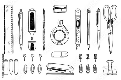 Doodle pencils. Hand drawn pen and pencil, sketch style school and office stationery tools, art brush, adhesive tape and scissors or highlighter marker. Line elements. Vector icons
