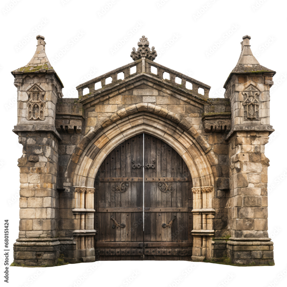 Rock gate. Wooden door in medieval castle. Ancient arched gate. Fantasy object. isolated on transparent background