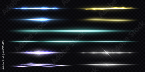 Light glow. Flare effect. Blue shine beam. Laser ray. Green and yellow blinding glare. Abstract bright streak. Blurred motion. Horizontal luminous splash in dark. Vector lighting set