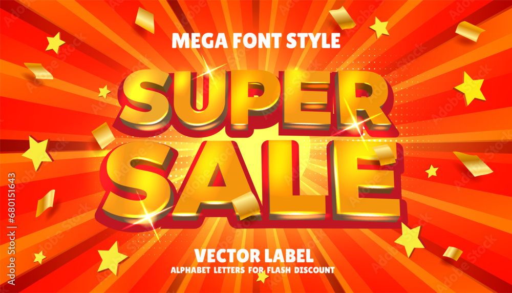 Super sale promo. Discount banner. Shiny promotion text. Radial beams effect. Stars and confetti. Mega font style. Graphic alphabet 3D letters. Special offer coupon. Vector label design