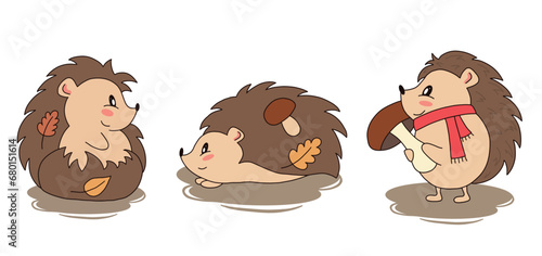 Set of cute funny little autumn hedgehog isolated on white background in cartoon style. Cute forest animals. Wild nature. For tags, stickers, patterns, banners.