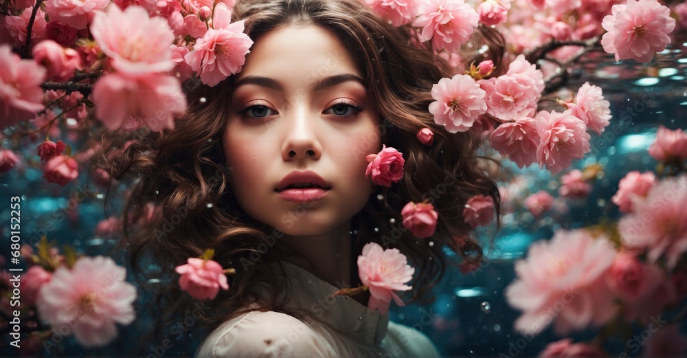 A mesmerizing scene of a submerged girl amidst cherry blossoms, embodying a blend of psychedelia and serene harmony
