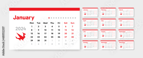 Russian 2024 calendar. Monday date grid. Horizontal desk planner. Year planning by weeks. Simple red dragon. Organizer sheets. Modern business design. Vector office schedule pages set