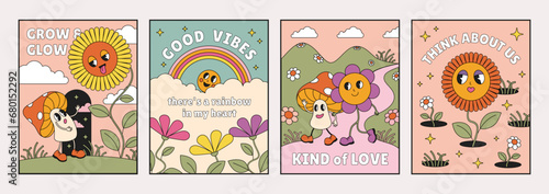 Retro posters. Psychedelic flowers. Sky clouds and rainbow. Summer nature. Cartoon cute characters. Blossom and amanita mushroom. 70s comic smile. Funny phrases. Vector cards design set