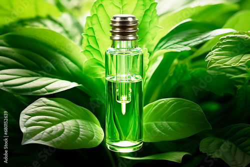 Green medical ampoule  cosmetic product with essence inside on a background of green leaves. Natural cosmetics  natural component concept.