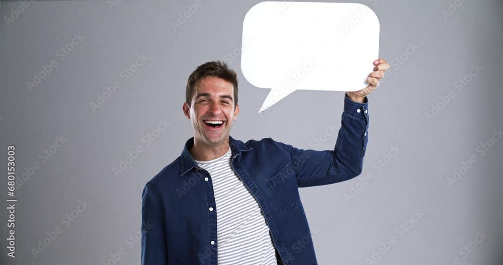 Happy, man and speech bubble for social media, talking and communication feedback. Portrait, chat sign and voice of person on forum, conversation space and faq, opinion and mockup on grey background Happy, man and speech bubble for social media, talking and communication feedback. Portrait, chat sign and voice of person on forum, conversation space and faq, opinion and mockup on grey background
