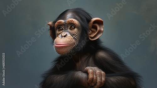 close-up image of a contented offspring chimp immersed in thought. © Nazia