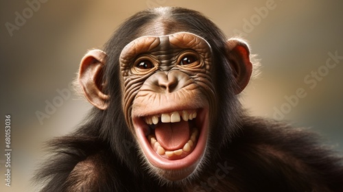 Close-up photo of a joyful young chimp with a funny grin, with text space. © Nazia