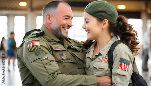 Heartwarming reunion between military father and daughter, military, army, uniform, camouflage, war, armed, person, woman, clothing, people, hat,