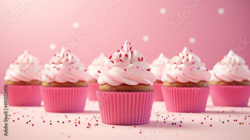 Delicious birthday pink cupcakes wallpaper. 3d render illustration style. Classic muffins with a swirl of whipped cream custard. Banner for pastry shop. photo