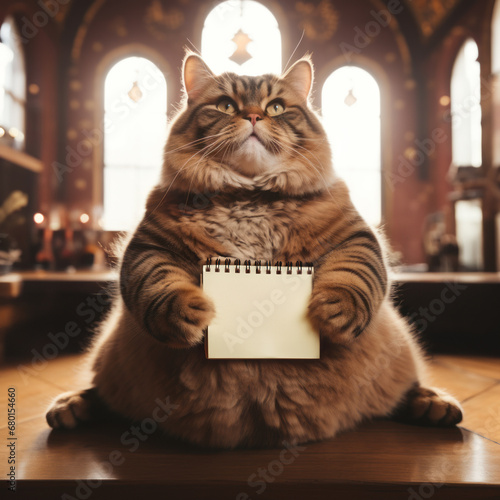 A charming big brown overweight cat holds  blank sheet in its paws and sits in the middle of a large ornate hall. The gaze is pleadingly directed upwards. The concept of weight control.