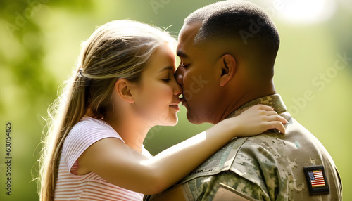 Soldier's emotional return to family, summer, kiss, romance, nature, boyfriend, relationship, hug, girlfriend, beauty, lovers, outdoor