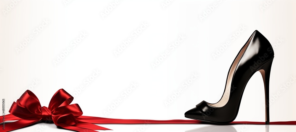 Fototapeta premium Glamour illustration of an elegant leather stiletto, black high heels shoes, fashionable stylish accessory, suggestive erotic image, red ribbon with bow evoking a gift, a present, commercial banner