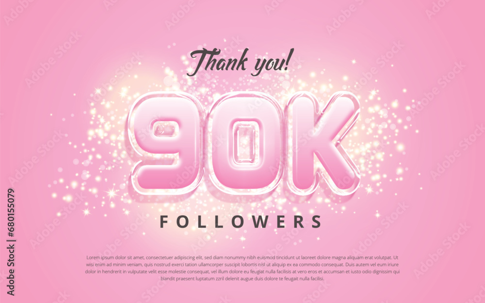 Thank you 90k followers social media template design vector on pretty pink color background with shiny glitter