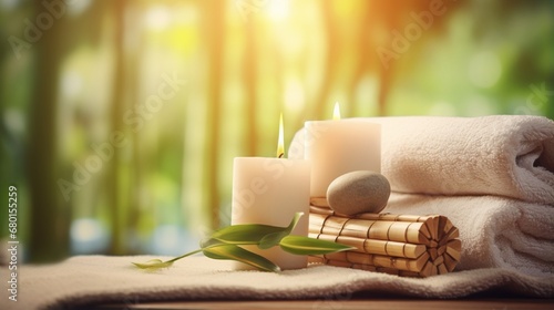 Towels on massage table in spa salon setup, close up spa component in wellness center Spa foot and hand massage compress balls, aromatherapy oil in a bamboo forest in a garden with light and Booker. photo