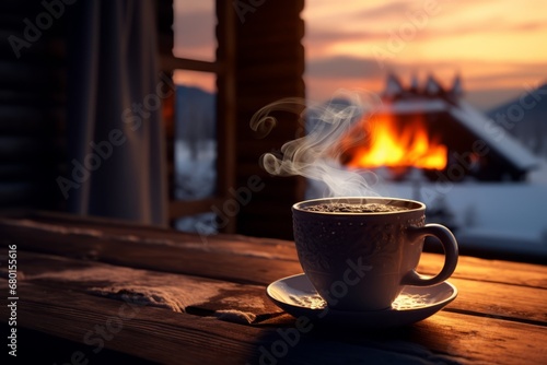 Cup of coffee on a table in the winter background. photo