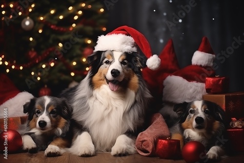 a dog family wearing a santa claus hat smiling for their christmas morning photo © StockUp