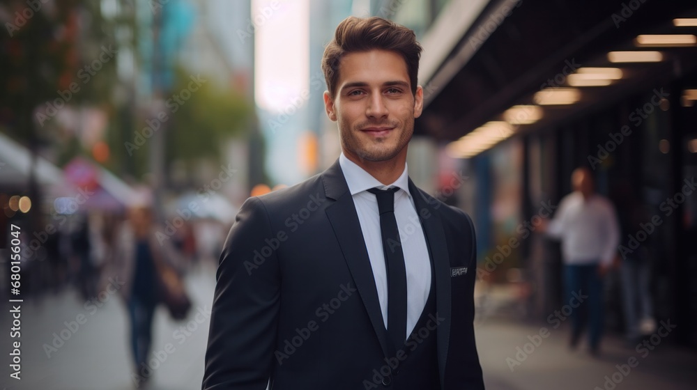 portrait of a handsome smiling Caucasian young businessman boss in a black suit walking on a city street to his company office. blurry street background, confident portrait of a handsome smiling Caucasian young businessman boss in a black suit walking on a city street to his company office. blurry street background, confident